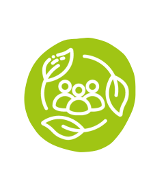 Simbolo che rappresenta il tema dell'Eco-Responsible Society: logo con 3 persone stilizzate al centro di un cerchio creato da 3 foglie con i relativi rami