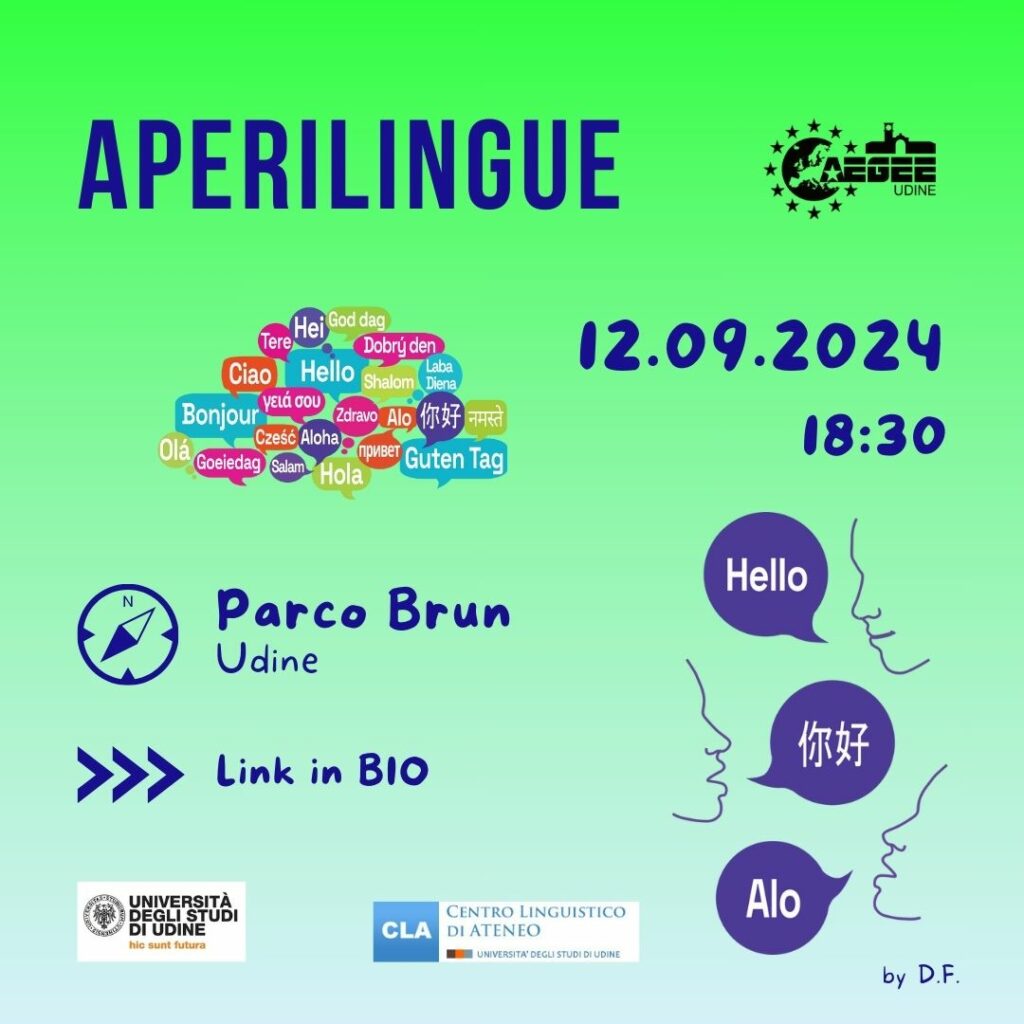 locandina evento Aperilingue del 12 settembre 2024 alle 18.30 al Parco Brun di Udine, con iscrizione tramite link condiviso nell'evento