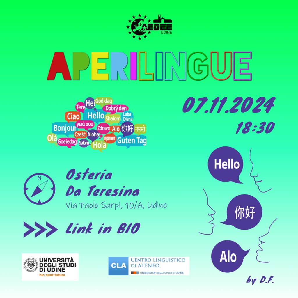 Aperilingue 7 novembre 2024 a Udine, locandina dell'evento che inizia alle 18.30 all'Osteria Da Teresina in via Paolo Sarpi 10/A, con iscrizione tramite link condiviso nella descrizione testuale.
