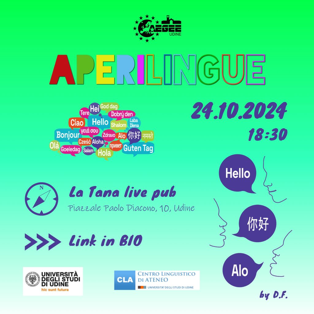 locandina aperitivo internazionale Aperilingue Aperimusical del 24 ottobre 2024 alle 18.30 alla Tana live pub in piazzale Paolo Diacono 10, Udine, con iscrizione tramite link condiviso nell'evento